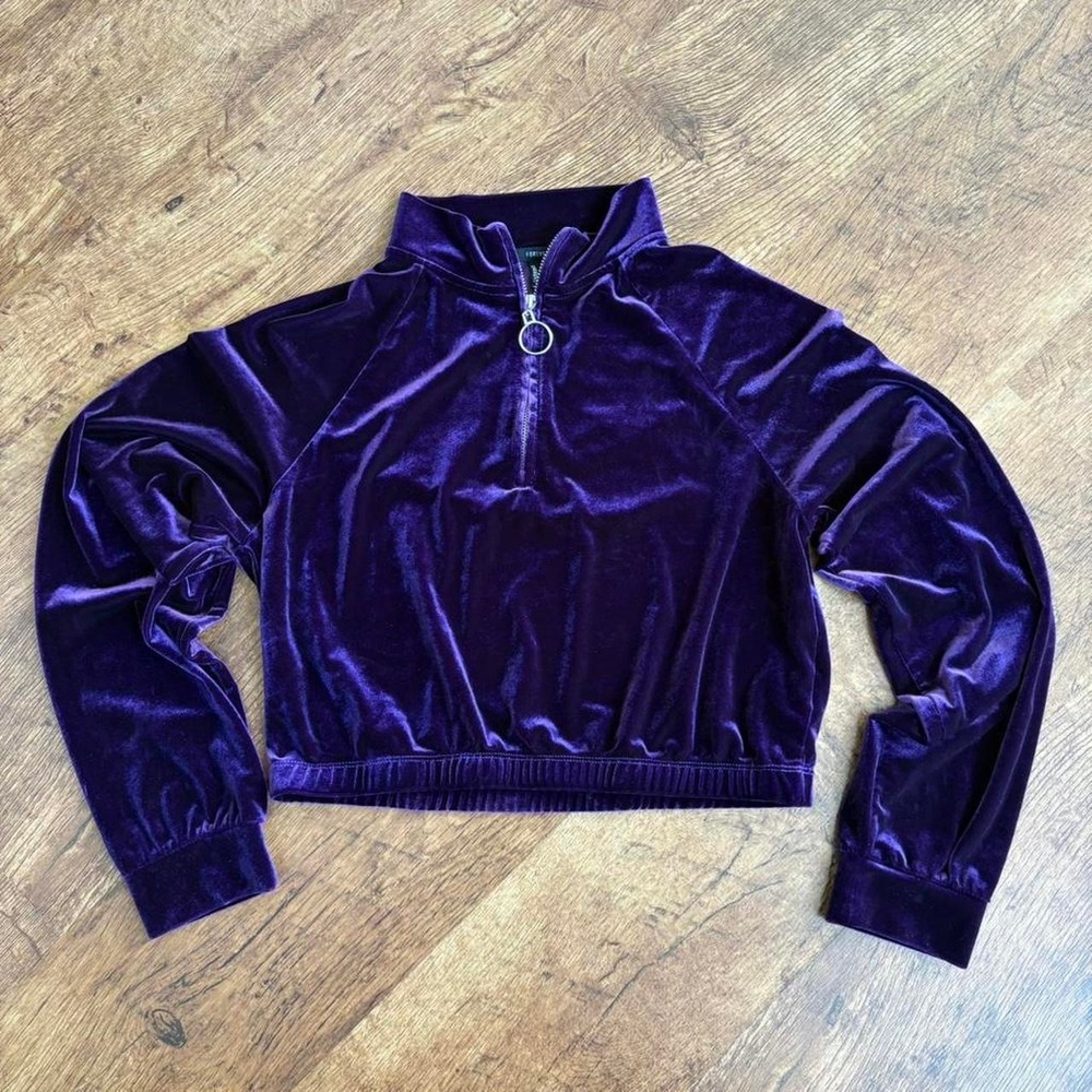 Forever 21 Purple Velvet Quarter Zip Sweatshirt Cropped Y2K Velour Large